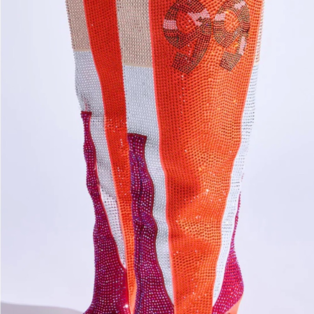 Azalea Y2K Hadley Sporty Knee Pink and Orange Rhinestone Thigh-High Boots 1999 - Picture 3 of 6